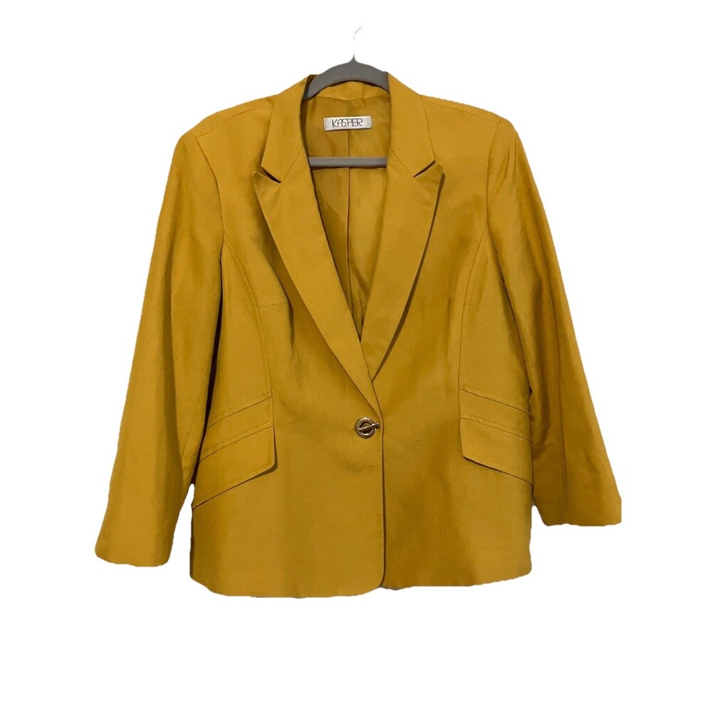 Kasper Yellow Linen Blend Blazer Jacket Button Front Lined Pockets 3/4 sleeve XL